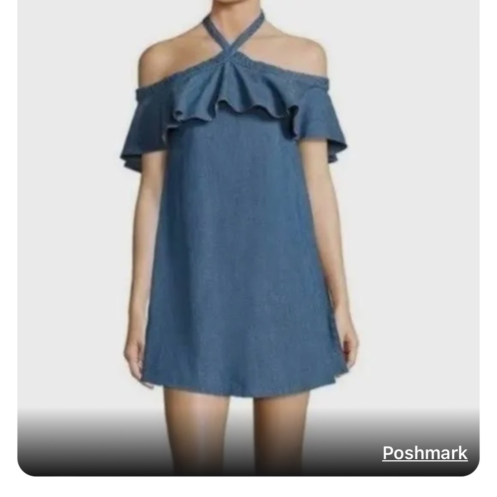 Alice + Olivia Alexia Chambray Off The Shoulder Ruffle Halter Dress